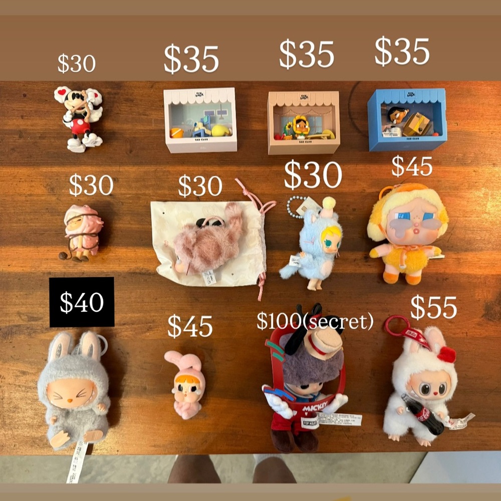 Labubu, Crybaby, Dimoo etc.